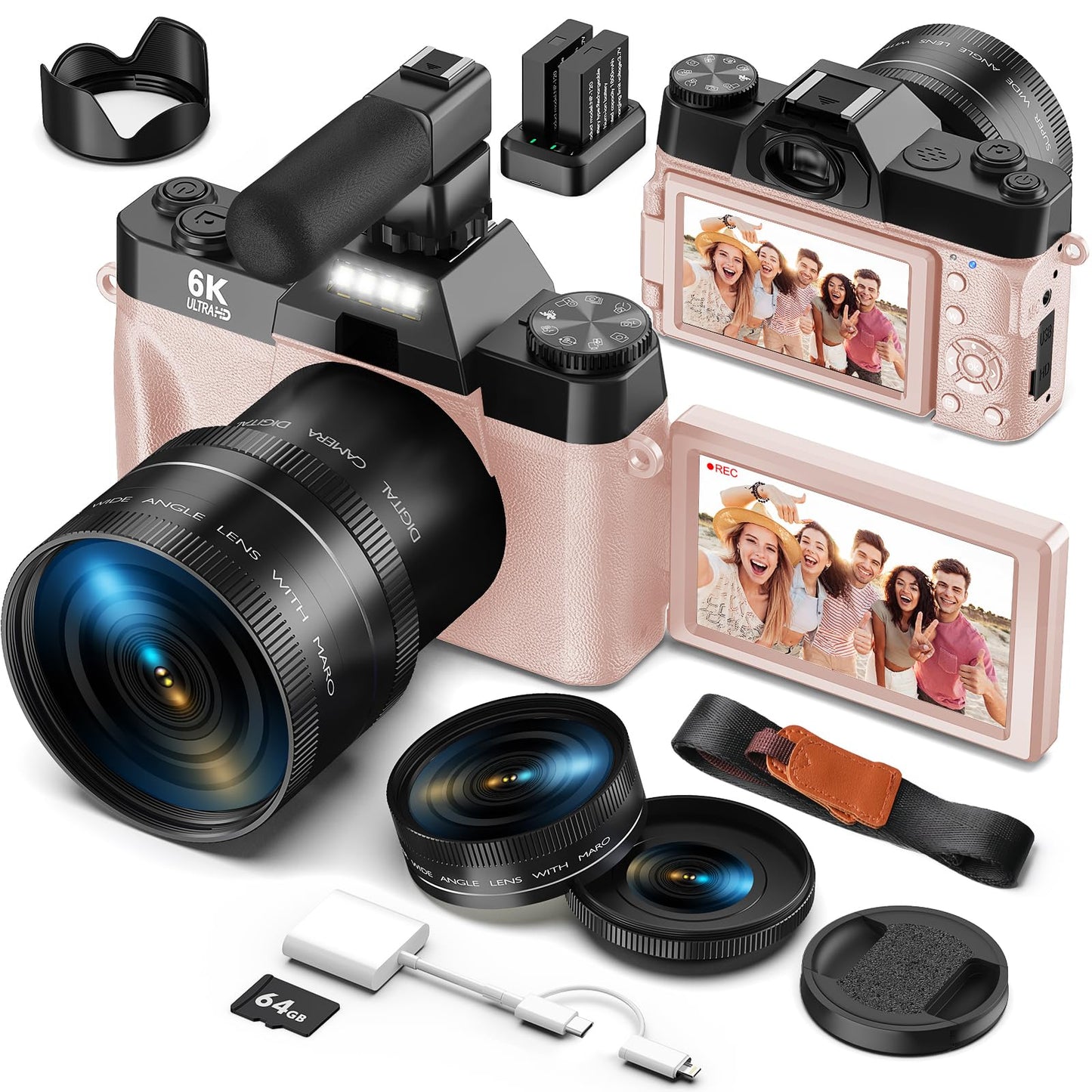 Yatao Digital Cameras for Photography and Vlogging, 6K 64MP Flip Screen, Dual Lens, Microphone for Video, 64GB TF Card, Compact Photo WiFi Camera for YouTube Kit Travel, Beginners (Black)