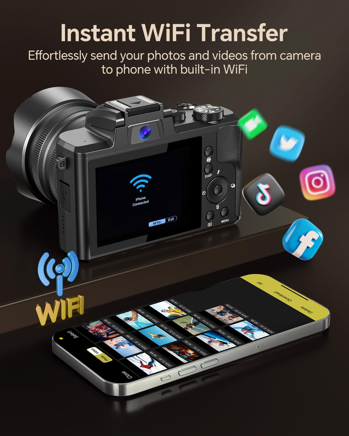 8K Digital Camera for Photography, 88MP Autofocus WiFi Vlogging Camera for YouTube Video with Front and Rear Lens, Flash, Touch Screen, Lens Hood, 64GB Card, 2 Batteries(Black)