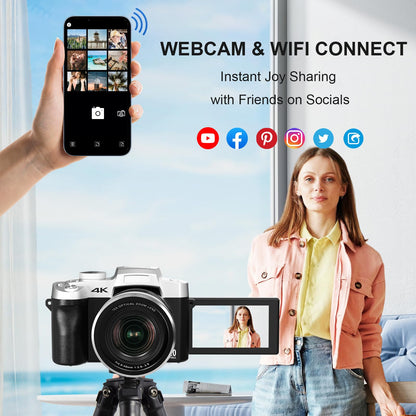 Yatao Digital Cameras for Photography and Vlogging, 6K 64MP Flip Screen, Dual Lens, Microphone for Video, 64GB TF Card, Compact Photo WiFi Camera for YouTube Kit Travel, Beginners (Black)