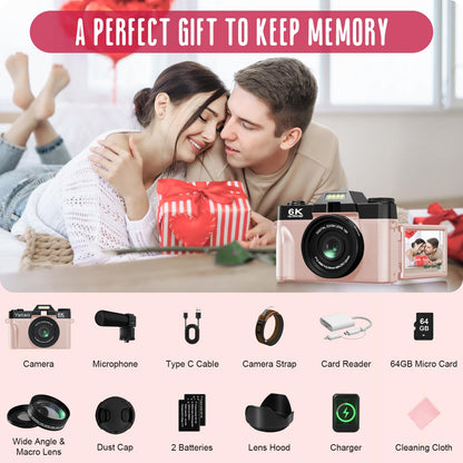 Yatao Digital Cameras for Photography and Vlogging, 6K 64MP Flip Screen, Dual Lens, Microphone for Video, 64GB TF Card, Compact Photo WiFi Camera for YouTube Kit Travel, Beginners (Black)