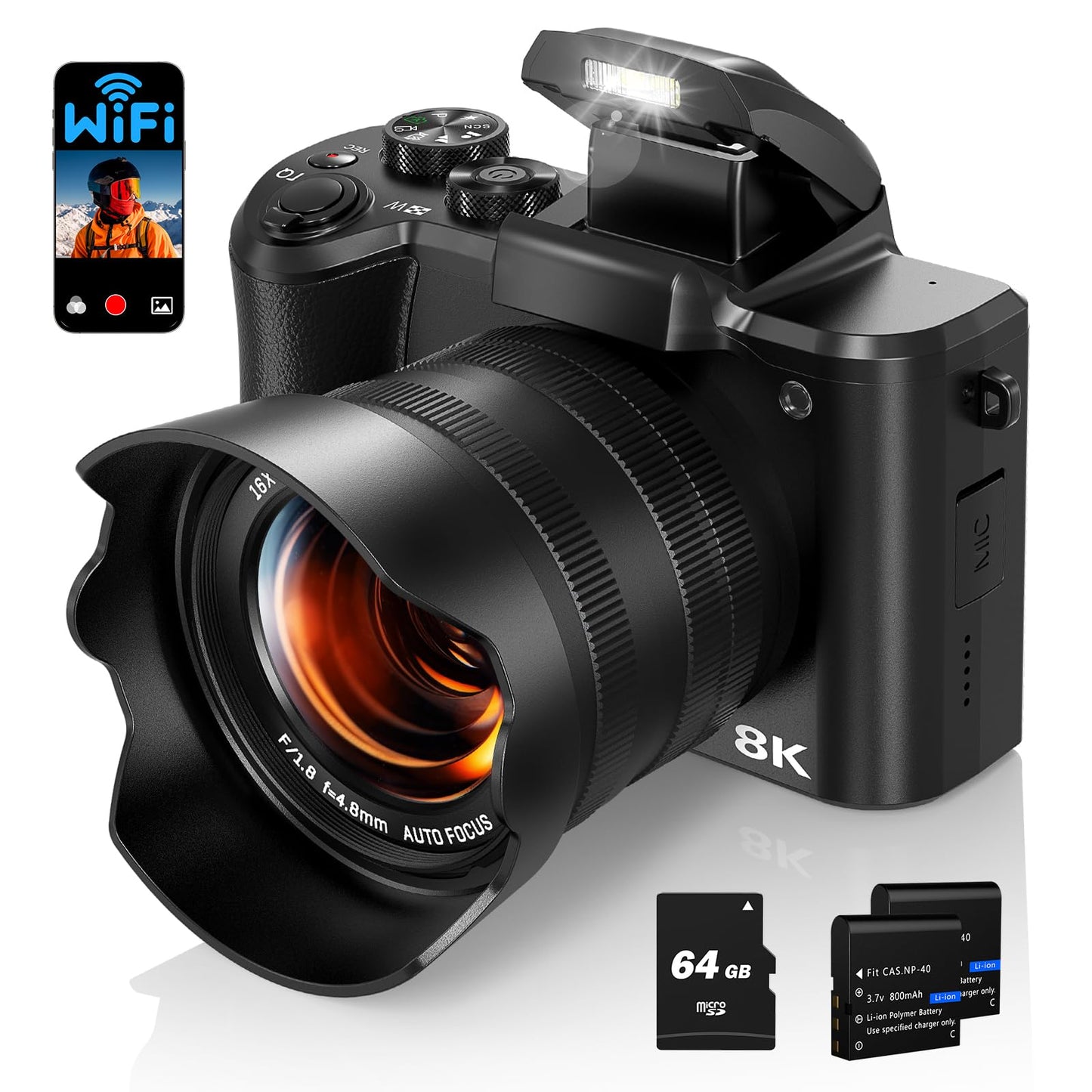 8K Digital Camera for Photography, 88MP Autofocus WiFi Vlogging Camera for YouTube Video with Front and Rear Lens, Flash, Touch Screen, Lens Hood, 64GB Card, 2 Batteries(Black)