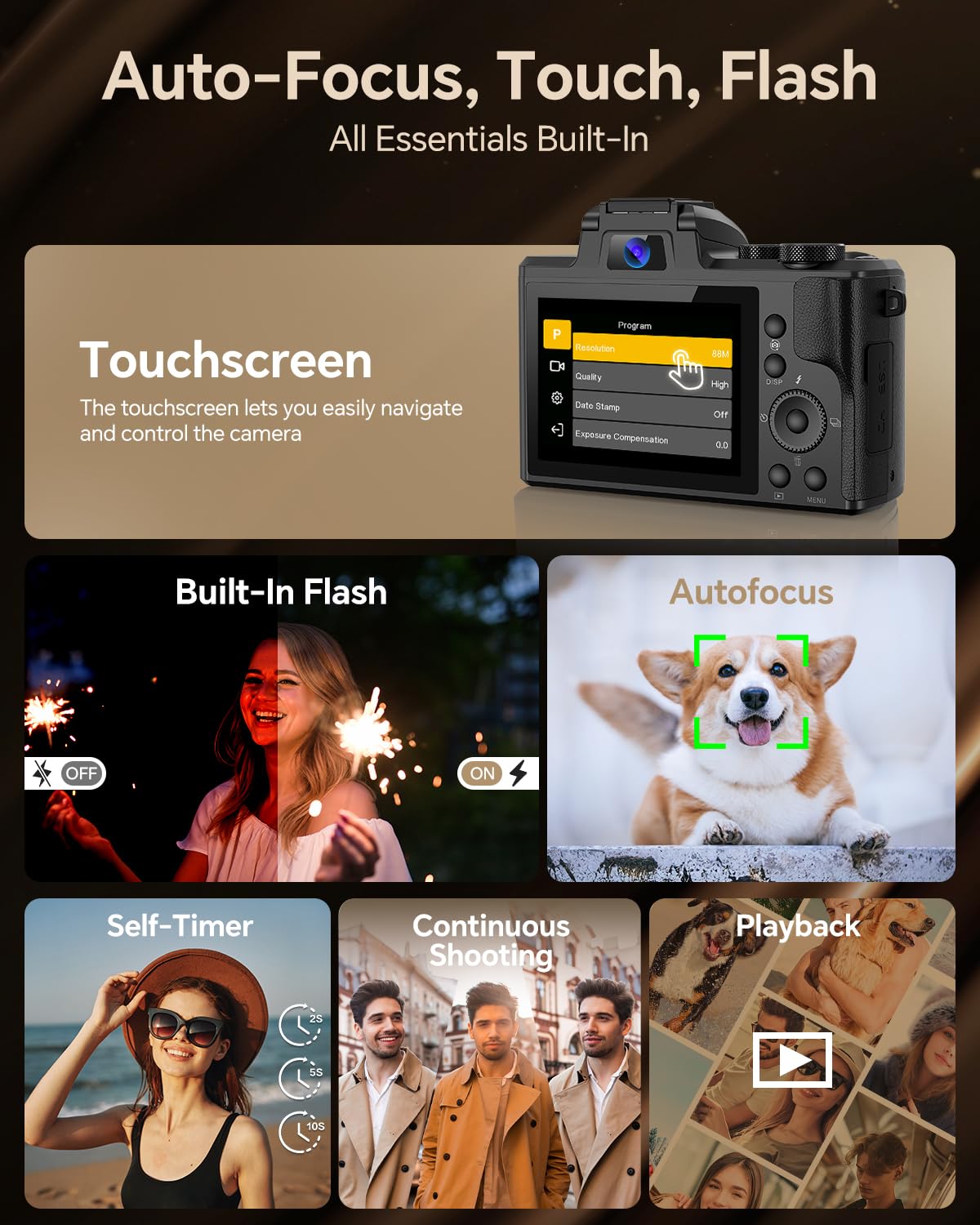 8K Digital Camera for Photography, 88MP Autofocus WiFi Vlogging Camera for YouTube Video with Front and Rear Lens, Flash, Touch Screen, Lens Hood, 64GB Card, 2 Batteries(Black)
