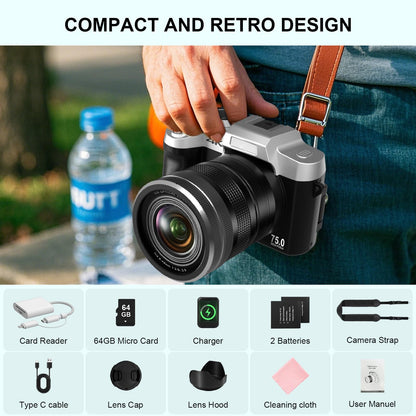 Yatao Digital Cameras for Photography and Vlogging, 6K 64MP Flip Screen, Dual Lens, Microphone for Video, 64GB TF Card, Compact Photo WiFi Camera for YouTube Kit Travel, Beginners (Black)
