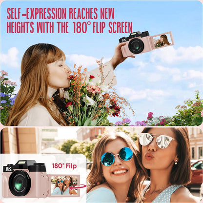 Yatao Digital Cameras for Photography and Vlogging, 6K 64MP Flip Screen, Dual Lens, Microphone for Video, 64GB TF Card, Compact Photo WiFi Camera for YouTube Kit Travel, Beginners (Black)