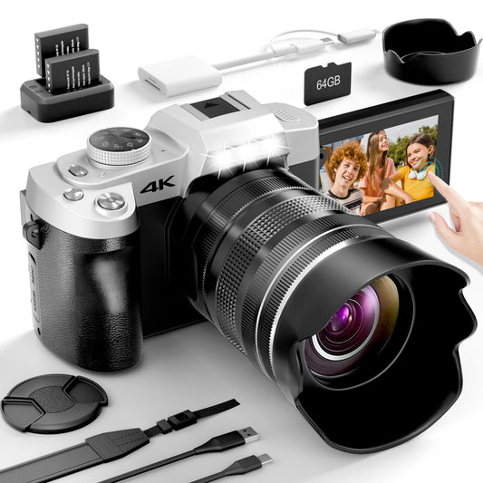 Yatao Digital Cameras for Photography and Vlogging, 6K 64MP Flip Screen, Dual Lens, Microphone for Video, 64GB TF Card, Compact Photo WiFi Camera for YouTube Kit Travel, Beginners (Black)