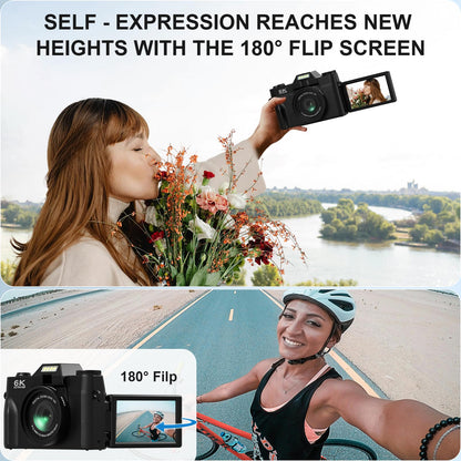 Yatao Digital Cameras for Photography and Vlogging, 6K 64MP Flip Screen, Dual Lens, Microphone for Video, 64GB TF Card, Compact Photo WiFi Camera for YouTube Kit Travel, Beginners (Black)